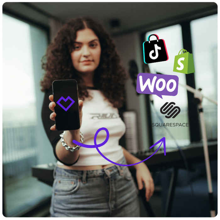 photo of a creator holding a phone with integration icons for tiktok shop, shopify, squarespace, and woocommerce